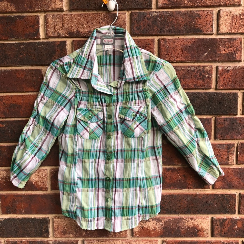 ID Tags Green Plaid Button Shirt Gathers Girls 10